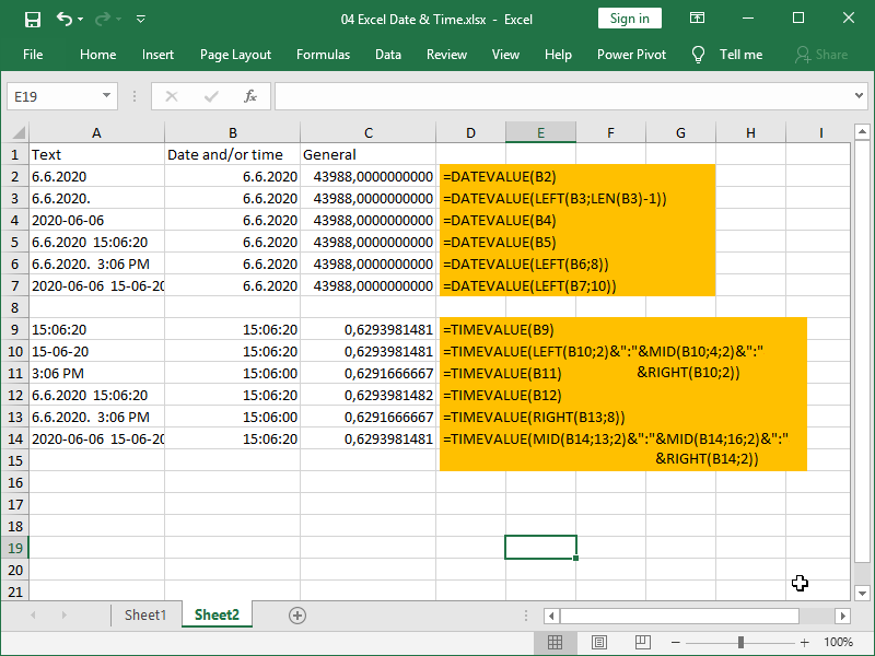 excel datevalue and timevalue