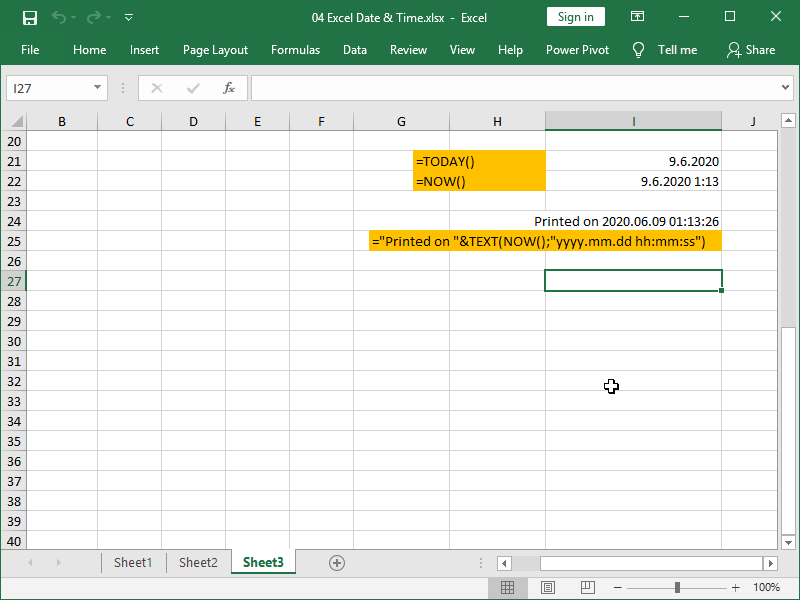 excel today now function