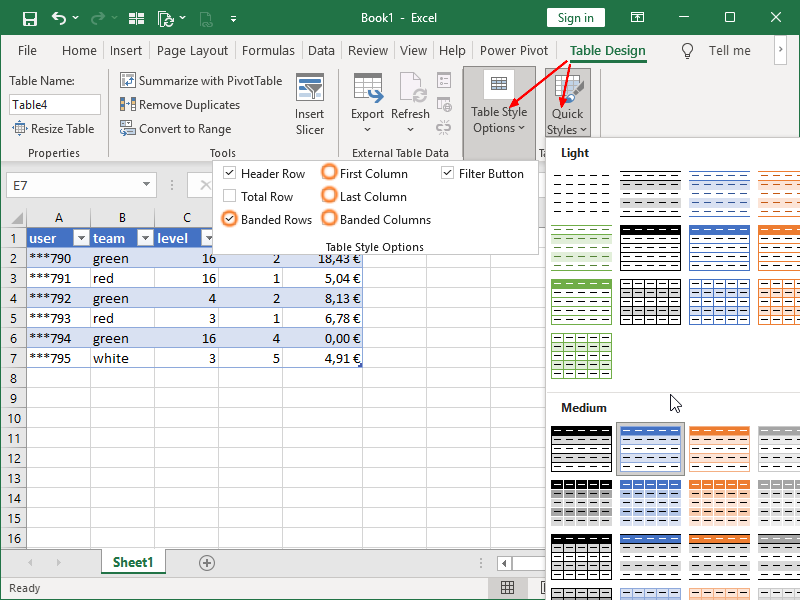 Excel Table, Table Design, Table Style Options & Quick Styles
