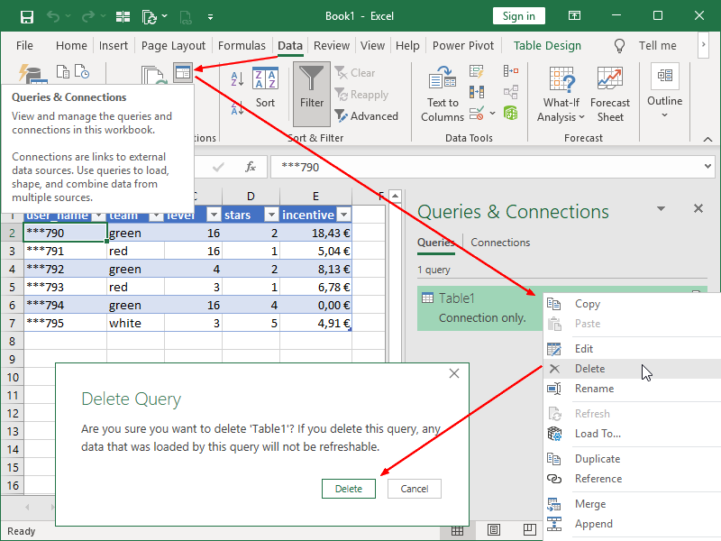 Excel Table, Table Design, remove connection