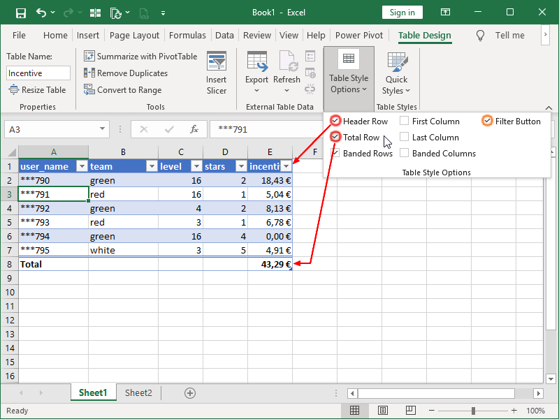 Excel Table, Header Row, Total Row, Filter Button