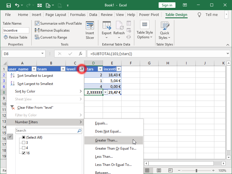 Excel Table, Total Row, Filter button