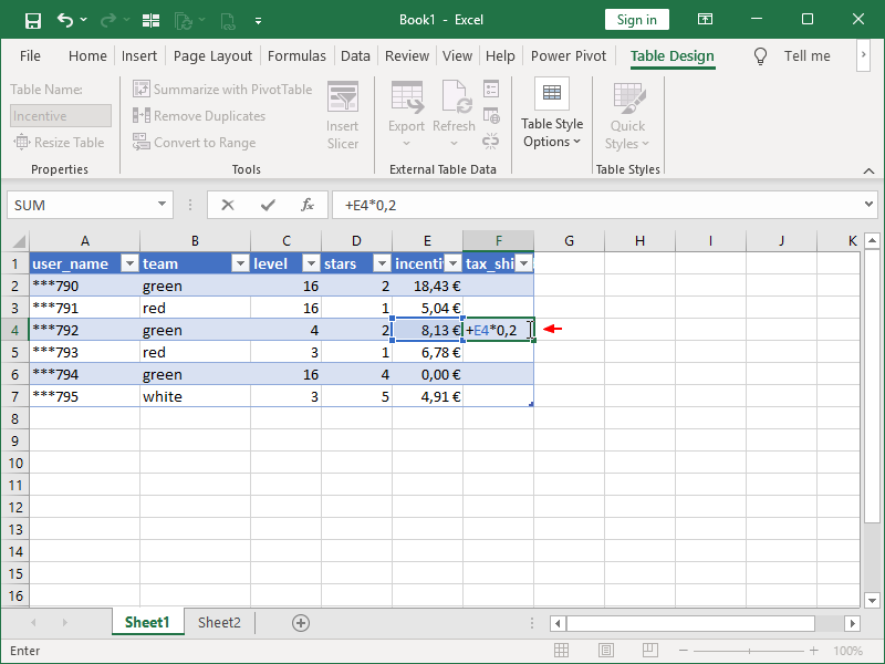 Excel Table, insert formula in table column