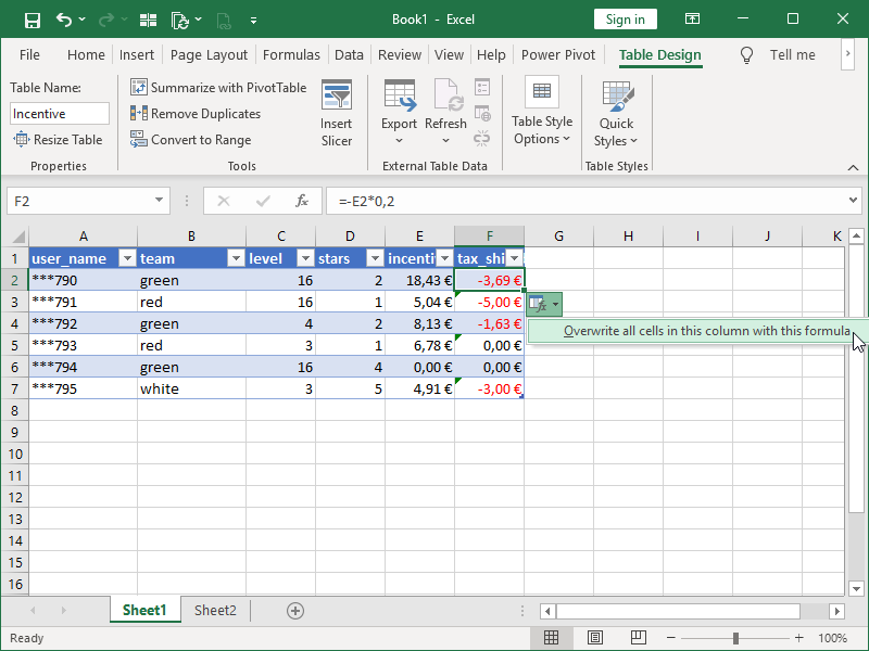 Excel Table, changed formula, overwrite all cells in this column with this formula