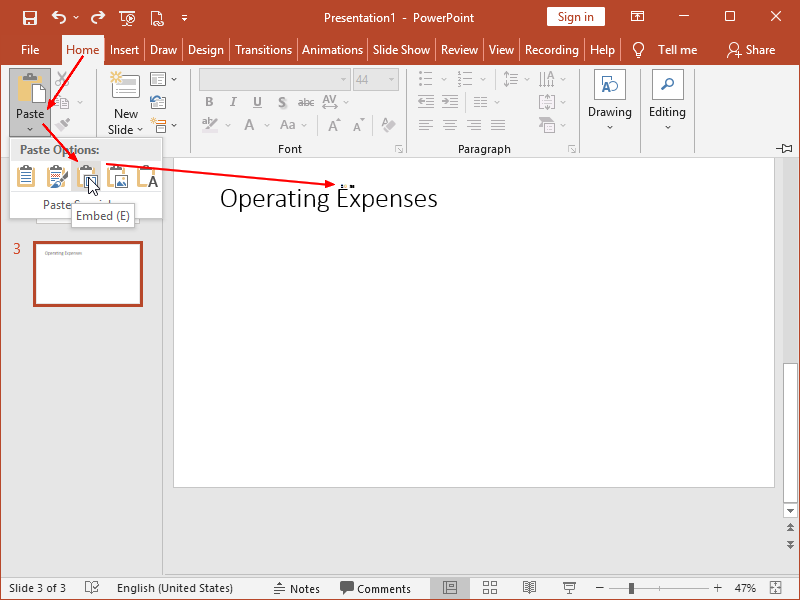 embed Excel in PowerPoint