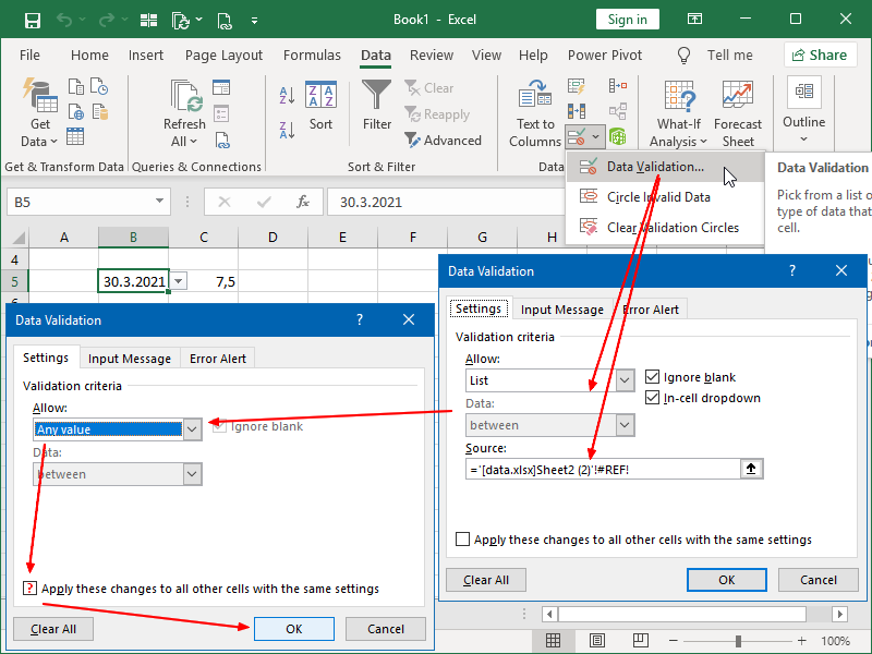 how to brake links in Excel Data Validation
