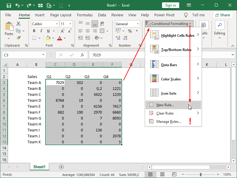 select data, new conditional formatting rule