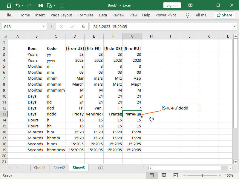 custom date and time format location excel