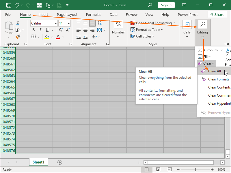 excel clear all from the selected rows